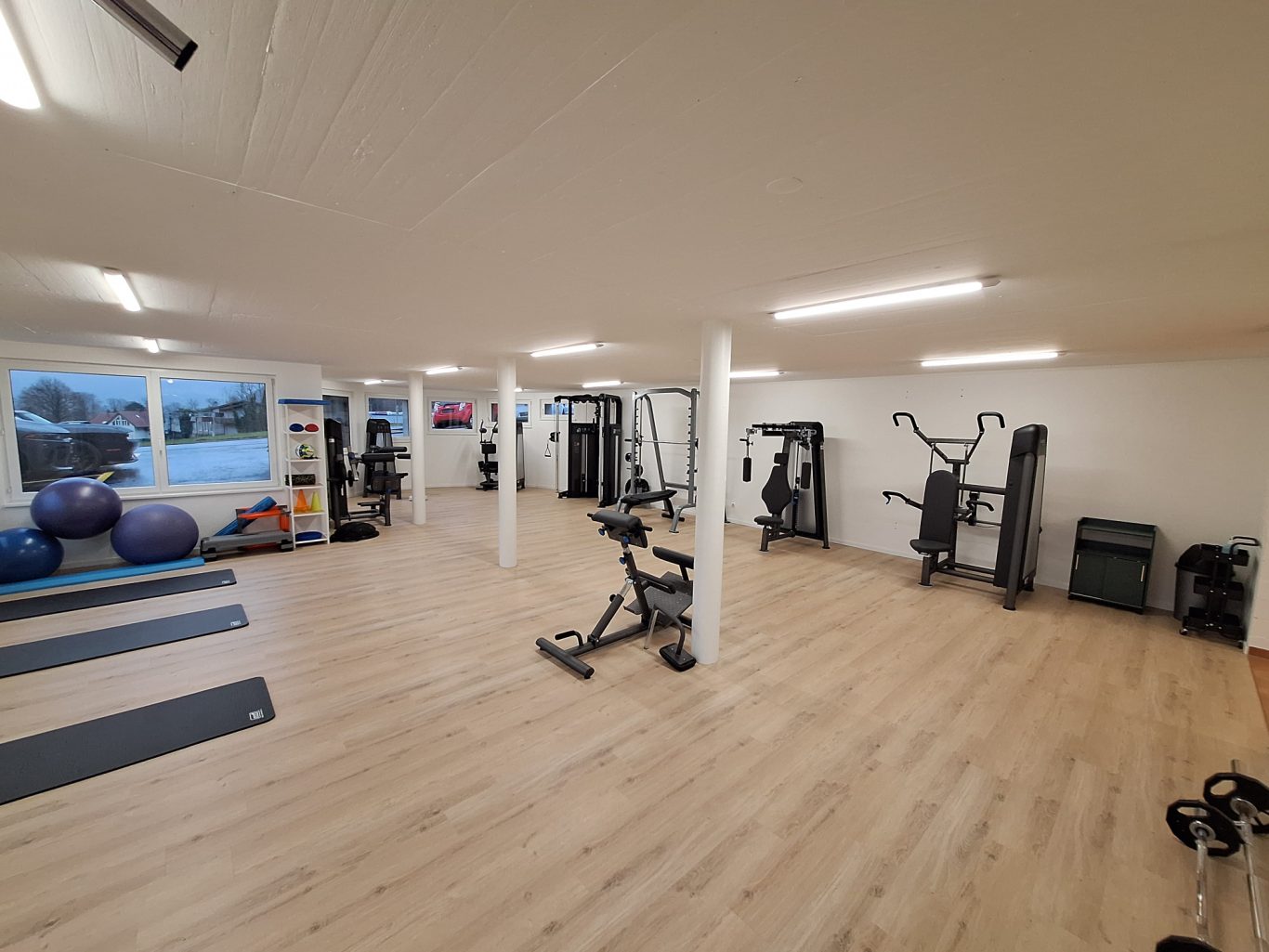 Fitnessraum mit Geräten, Matten und großen Gymnastikbällen. Helle, moderne Ausstattung.